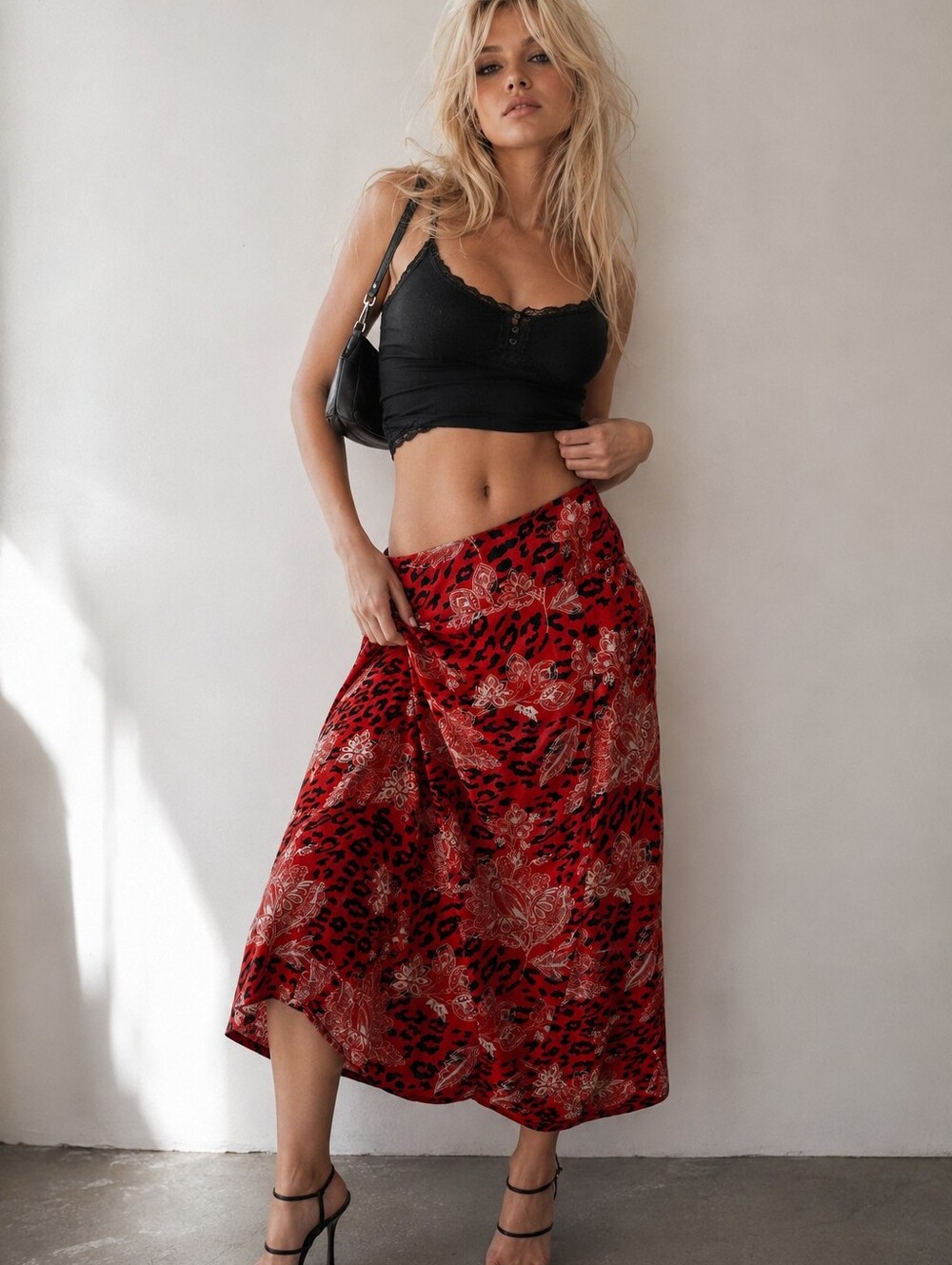 Vintage Y2K Jones Wear Floral Leopard Print Midi Skirt Size 10 Red 90s